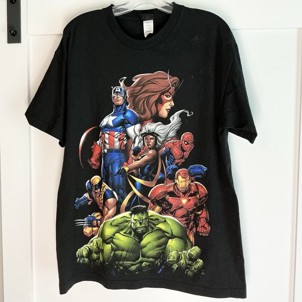Vintage Marvel Mad Engine Superheroes Collage T-Shirt‎ Black Size L Comic Y2K